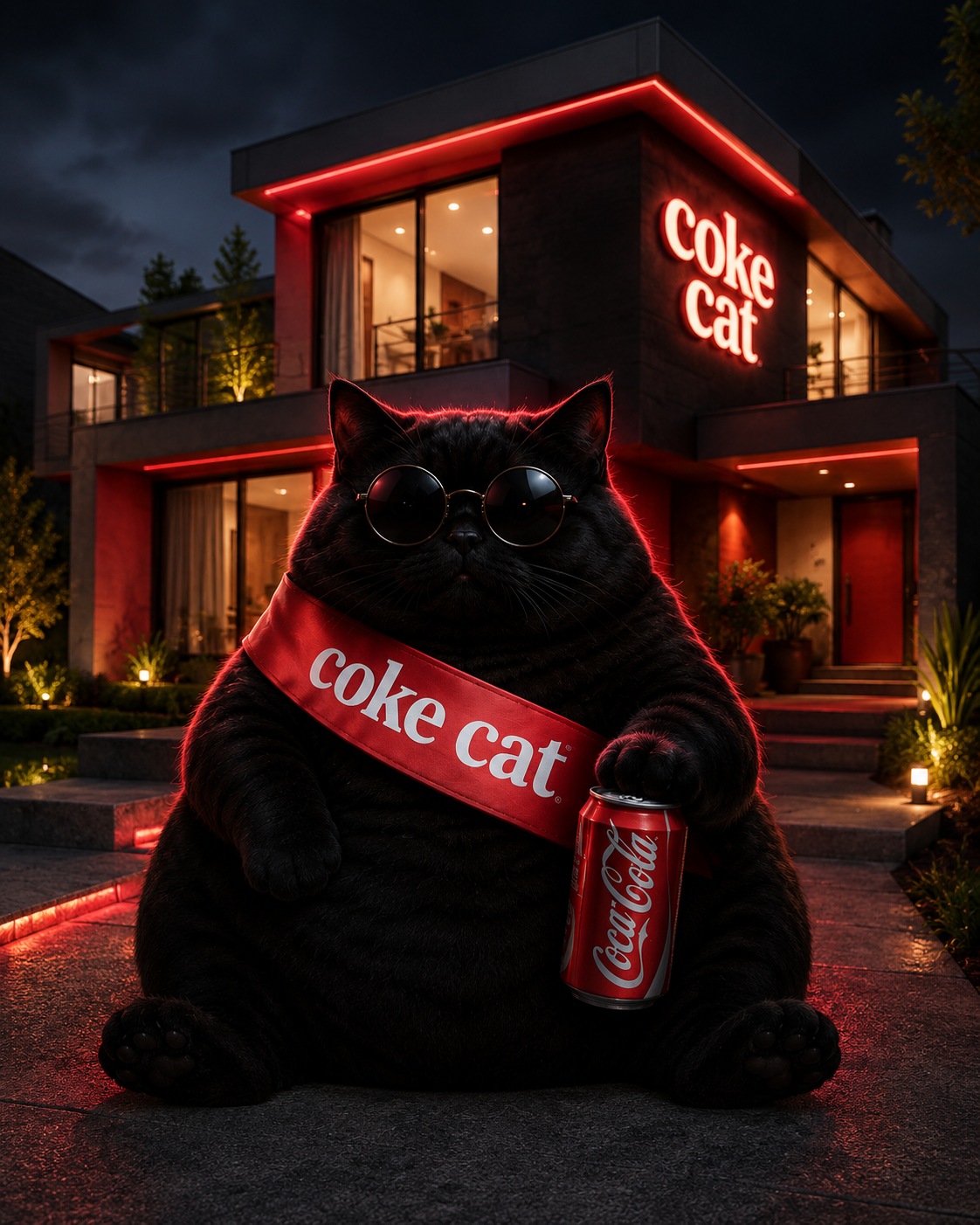 Coke Cat: a black cat with sunglasses and a sash reading coke cat, holding a can in front of a modern house lit with red neon