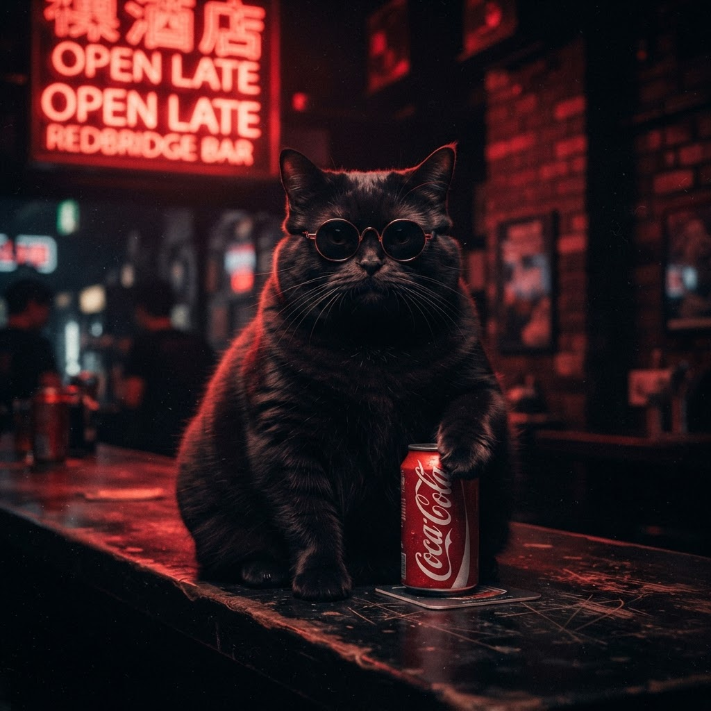 Coke Cat wearing dark shades holding a red can
