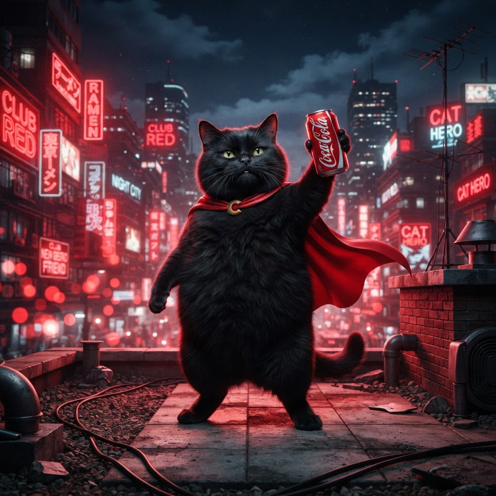 Coke Cat in a red cape on a rooftop