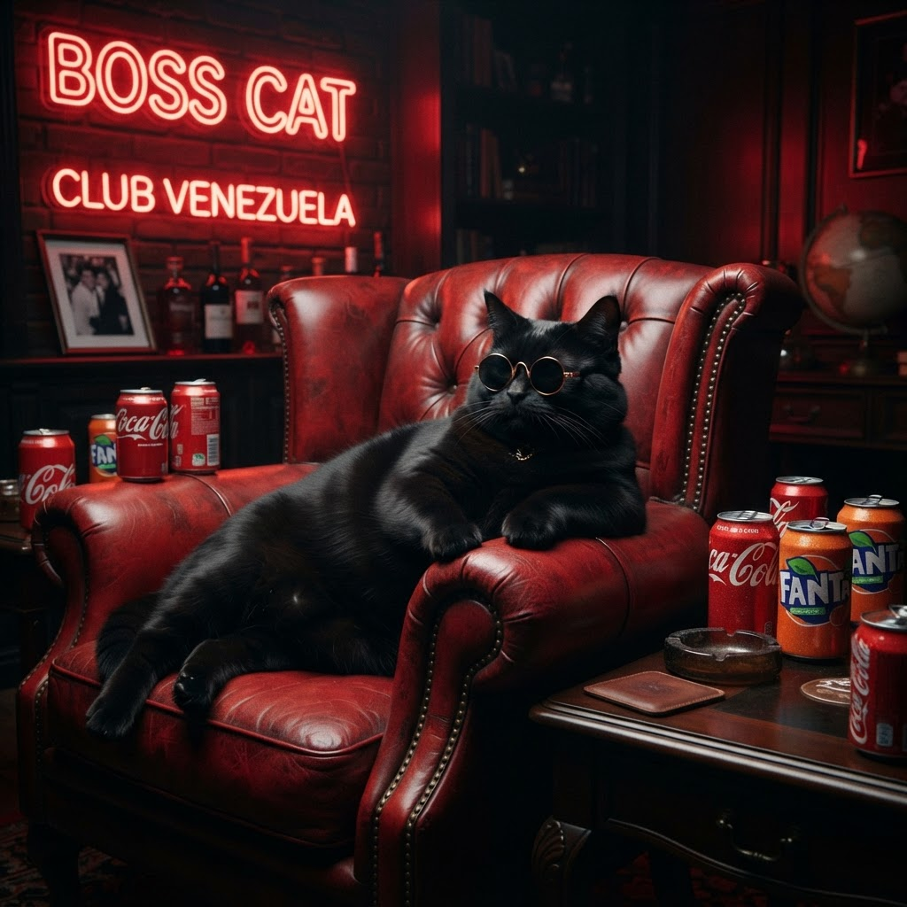 Coke Cat relaxing in a red leather armchair