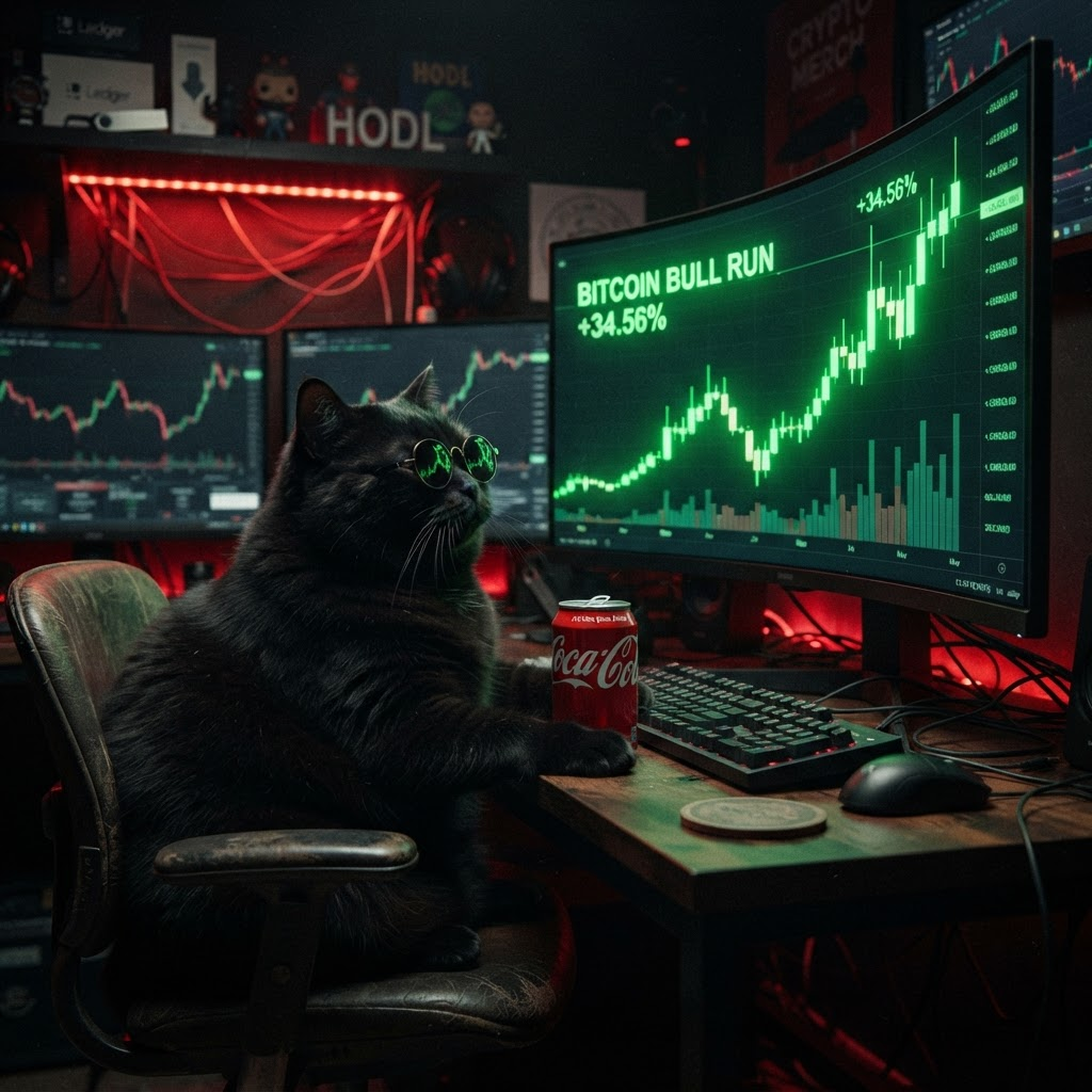 Coke Cat watching a green chart going up