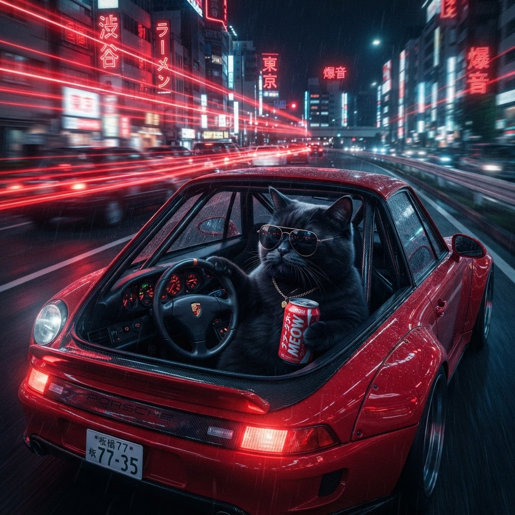 Coke Cat driving a red sports car at night