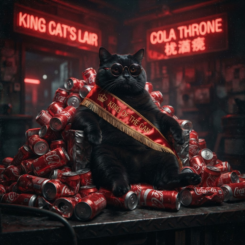 Coke Cat sitting like a king on top of red cans